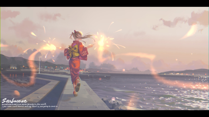1girl absurdres alphonse_(white_datura) brown_hair clouds dusk fireworks from_behind hair_ribbon highres japanese_clothes kimono long_hair looking_to_the_side obi ocean original outdoors red_kimono ribbon running sandals sash scenery sky solo sparkler twintails yukata