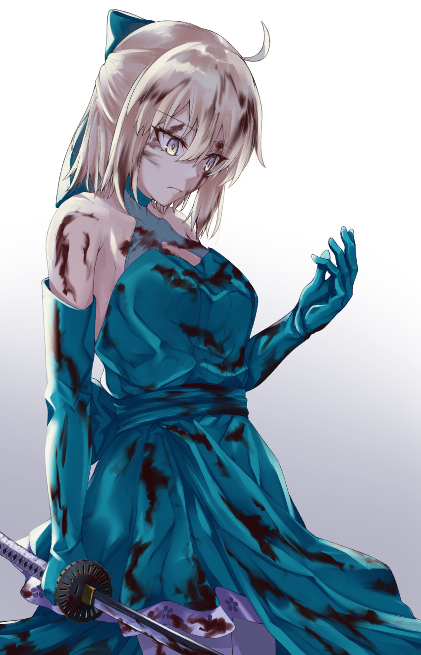 1girl absurdres alternate_costume aqua_bow aqua_dress aqua_gloves blonde_hair blood blood_on_face blood_splatter bloody_clothes bloody_hair bloody_hands bloody_weapon bow breasts dress elbow_gloves fate/grand_order fate_(series) gloves grey_eyes hair_bow halter_dress hand_up highres holding holding_sword holding_weapon katana okita_souji_(fate) okita_souji_(fate)_(all) sleeveless sleeveless_dress small_breasts solo sword unsheathed upper_body weapon yu_sa1126