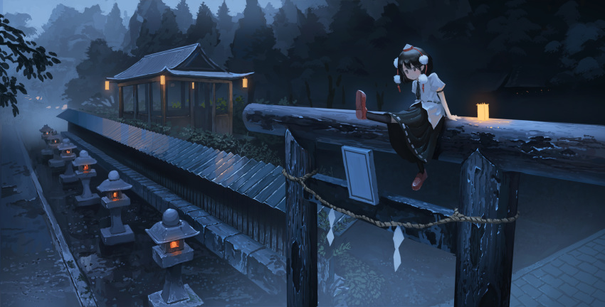 1girl architecture belt black_eyes black_legwear black_neckwear black_skirt candle east_asian_architecture expressionless fjsmu forest from_above hat highres kneehighs lantern leg_lift looking_to_the_side nature necktie night outdoors paper_lantern pointy_ears pom_pom_(clothes) puffy_short_sleeves puffy_sleeves red_footwear rope shameimaru_aya shide shimenawa shirt short_sleeves sitting_on_torii skirt solo stone_lantern stone_walkway tokin_hat torii touhou untucked_shirt white_shirt wooden_wall
