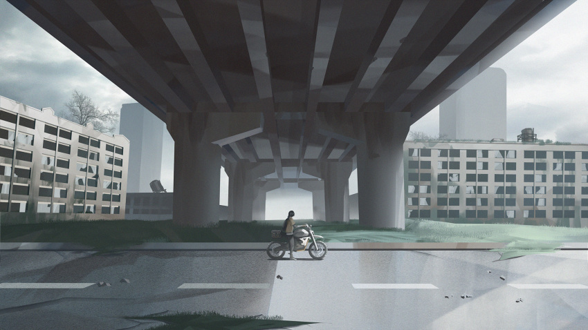 1girl backpack bag bare_tree broken_window building city clouds cloudy_sky gan-viking grass ground_vehicle highres long_hair looking_away motor_vehicle motorcycle original outdoors overcast overpass ponytail road ruins scenery shade sky solo street tree