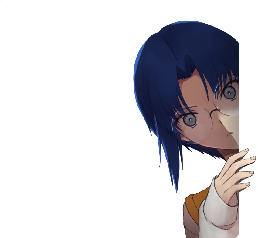 1girl axia-chan blue_hair ciel closed_mouth frown glasses green_eyes hair_intakes hiding highres long_sleeves looking_at_viewer round_eyewear shirt short_hair simple_background solo tsukihime upper_body white_background white_shirt