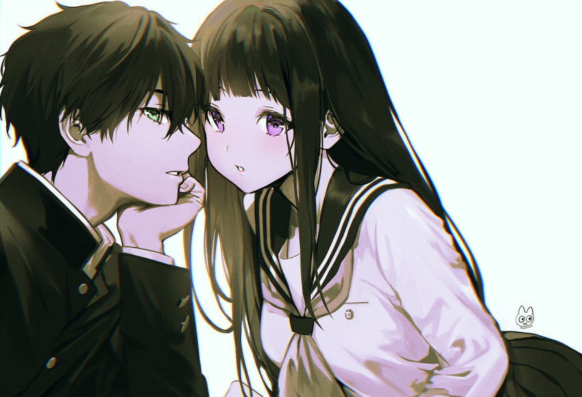 1boy 1girl bangs black_hair chitanda_eru close-up green_eyes hand_on_own_chin hyouka long_hair looking_at_viewer mery_(yangmalgage) oreki_houtarou school_uniform serafuku violet_eyes