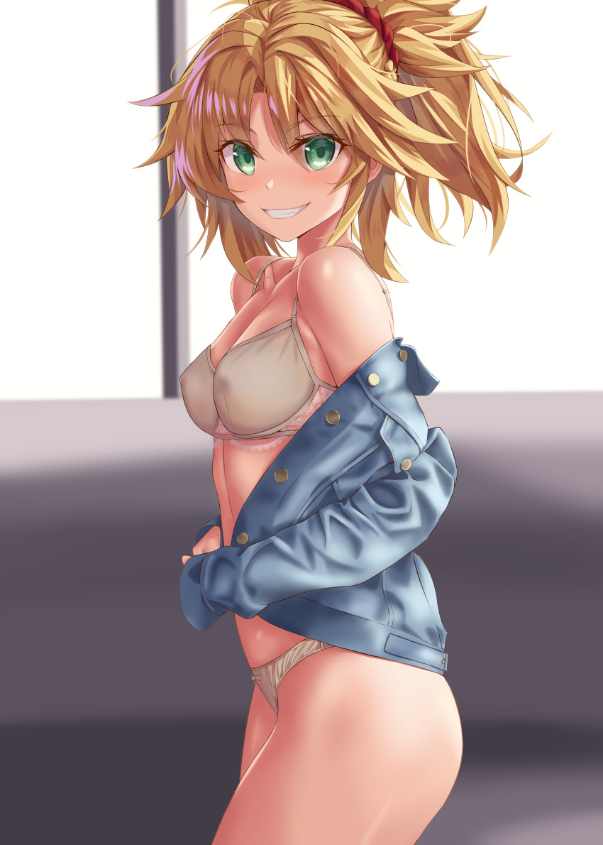 1girl absurdres alternate_costume bangs bare_shoulders beige_bra beige_panties blonde_hair blue_jacket blush braid breasts collarbone commentary_request eyebrows_visible_through_hair fate/grand_order fate_(series) from_side green_eyes grin hamstarhand highres jacket long_hair long_sleeves looking_at_viewer mordred_(fate) mordred_(fate)_(all) open_clothes open_jacket panties ponytail red_scrunchie scrunchie smile solo underwear