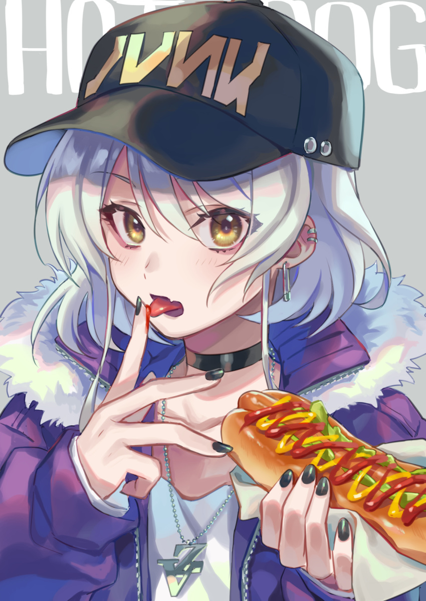 1girl background_text bangs baseball_cap black_choker black_headwear black_nails blush brown_eyes choker commentary_request ear_piercing fang fingernails food food_on_finger fur-trimmed_jacket fur_trim grey_background hair_between_eyes hat highres holding holding_food hot_dog jacket jewelry ketchup long_fingernails long_sleeves looking_at_viewer mustard nail_polish necklace open_clothes open_jacket open_mouth original piercing purple_jacket sausage short_hair silver_hair skin_fang sleeves_past_wrists solo tongue tongue_out upper_body white_hair zoff_(daria)