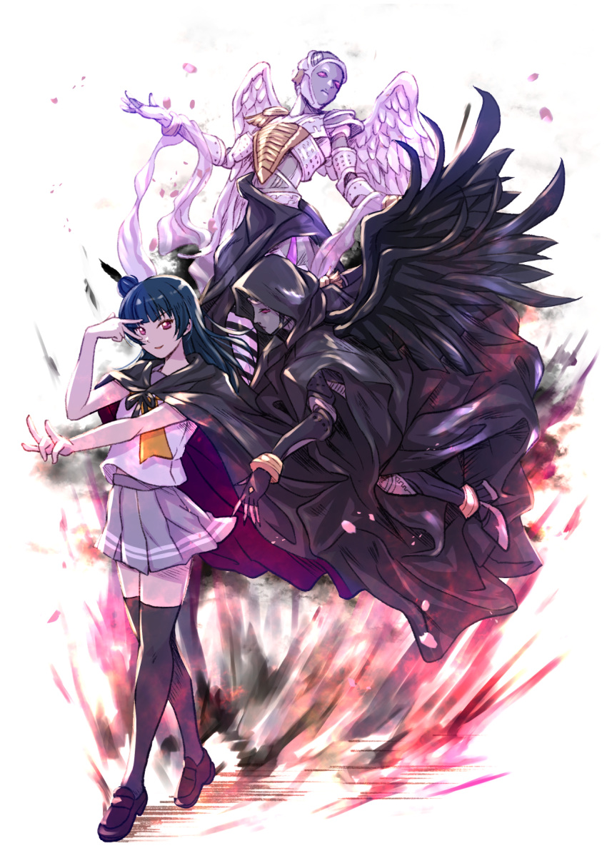 1girl angel black_wings cloak energy fallen_angel feathers highres in_this_unstable_world jojo_no_kimyou_na_bouken jojo_pose loafers love_live! love_live!_sunshine!! parody pose school_uniform shamakho shoes simple_background stand_(jojo) thigh-highs tsushima_yoshiko uranohoshi_school_uniform v_over_eye white_background white_wings wings