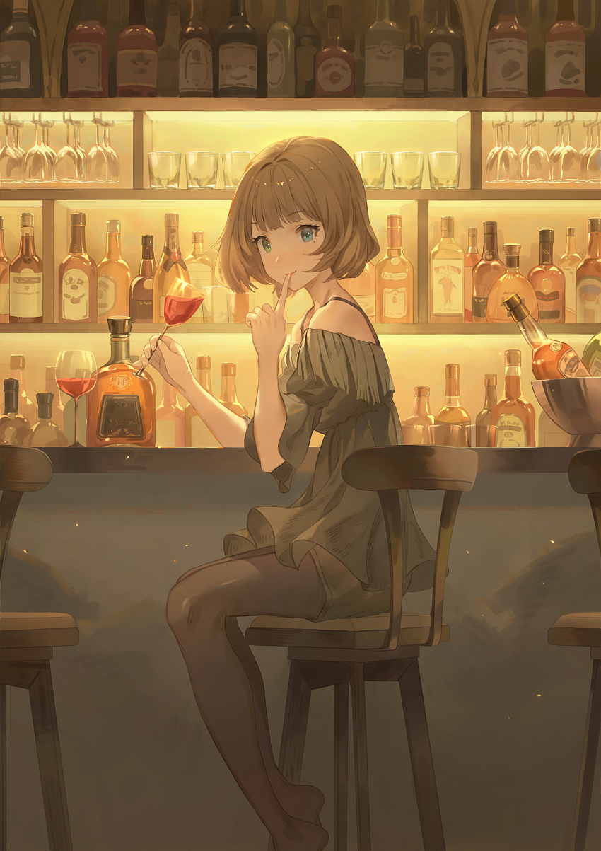 1girl absurdres alcohol backlighting bangs bar bare_shoulders black_dress black_legwear blue_eyes blunt_bangs blush bottle bowl brown_hair chair closed_mouth commentary_request cup dress drinking_glass eyebrows_visible_through_hair finger_to_mouth fringe_trim gawain_(artist) green_eyes heterochromia highres holding holding_cup idolmaster idolmaster_cinderella_girls index_finger_raised indoors looking_at_viewer mole mole_under_eye no_shoes off-shoulder_dress off_shoulder pantyhose shelf short_hair shushing smile solo takagaki_kaede whiskey wine wine_glass
