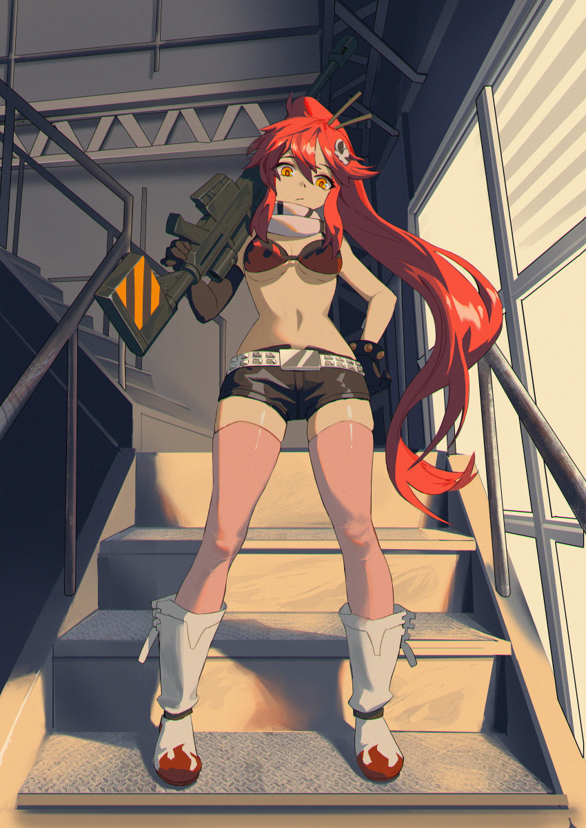 1girl absurdres anti-materiel_rifle belt bikini bikini_top boots full_body gun hair_ornament highres holding holding_gun holding_weapon long_hair navel orange_eyes pink_legwear redhead rifle scarf short_shorts shorts skull_hair_ornament sniper_rifle solo stairwell standing studded_belt swimsuit tengen_toppa_gurren_lagann thigh-highs weapon white_footwear yetecong yoko_littner