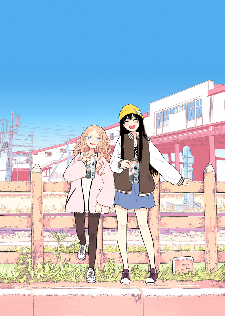 2girls :d ^_^ absurdres arm_support bare_legs beret black_hair black_pantyhose blonde_hair blue_eyes blue_skirt blush building can closed_eyes cover_image fang fence freckles futari_escape hat highres holding holding_can jacket kouhai_(futari_escape) letterman_jacket long_hair multiple_girls no_socks official_art open_clothes open_jacket open_mouth pantyhose power_lines senpai_(futari_escape) shirt shoes skirt smile sneakers standing strong_zero taguchi_shouichi utility_pole wavy_hair white_shirt yellow_headwear