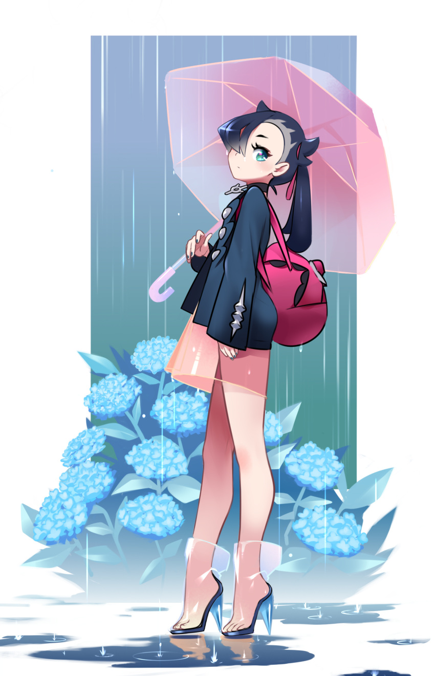 1girl ass backpack bag black_hair blue_eyes blue_nails choker dress flower full_body hair_over_one_eye high_heels highres hydrangea jacket looking_at_viewer mary_(pokemon) pokemon pokemon_(game) pokemon_swsh rain see-through sleeves_past_wrists solo tm_(hanamakisan) twintails umbrella