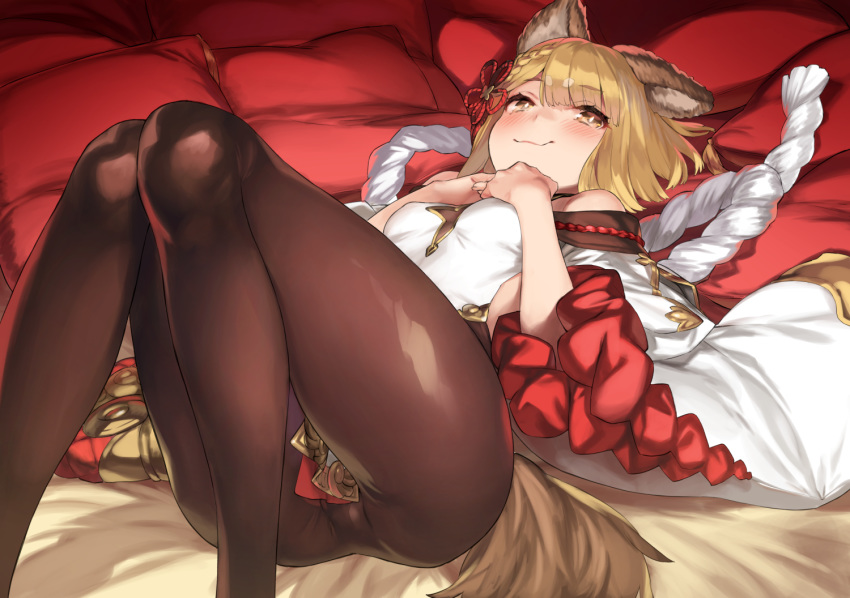 1girl 92m animal_ears ass bangs bare_shoulders blonde_hair blush breasts brown_eyes brown_legwear closed_mouth dog_ears dog_girl dog_tail granblue_fantasy knees_up legs long_sleeves looking_at_viewer lying on_back pantyhose rope short_hair sideless_outfit smile tail vajra_(granblue_fantasy) wide_sleeves