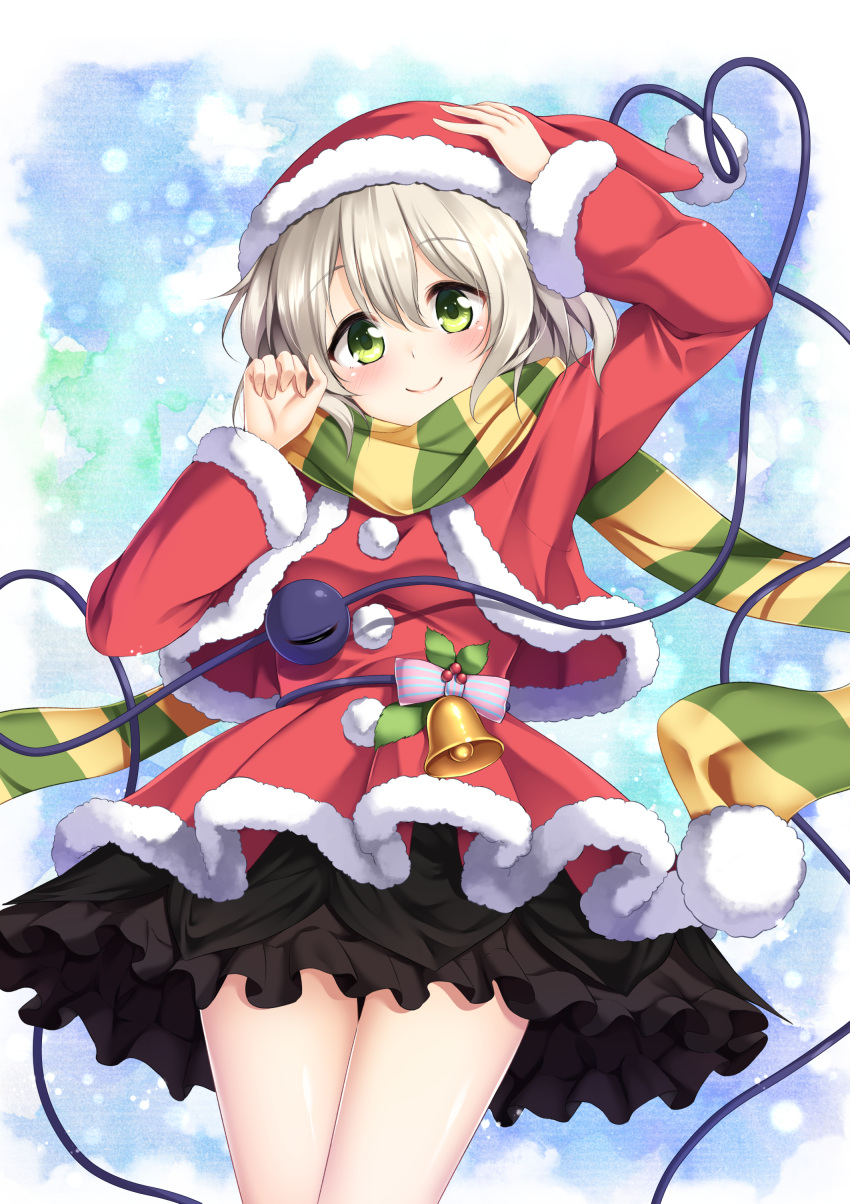 1girl absurdres bell christmas commentary_request east01_06 eyeball green_eyes green_scarf hand_on_headwear hat heart heart_of_string highres komeiji_koishi mistletoe multicolored_clothes multicolored_scarf santa_costume santa_hat scarf silver_hair solo third_eye touhou yellow_scarf