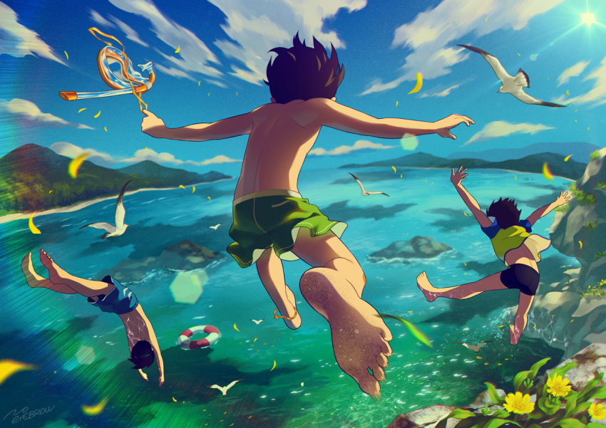 3boys animal anklet back bare_arms barefoot bird brown_hair caustics child clouds commentary_request day dive diving_mask feet flower foreshortening from_behind jewelry jumping lens_flare male_focus male_swimwear multiple_boys noeyebrow_(mauve) ocean original outstretched_arms seagull shirt shirtless short_sleeves signature sky snorkel spread_arms summer sun swim_trunks swimwear t-shirt yellow_flower