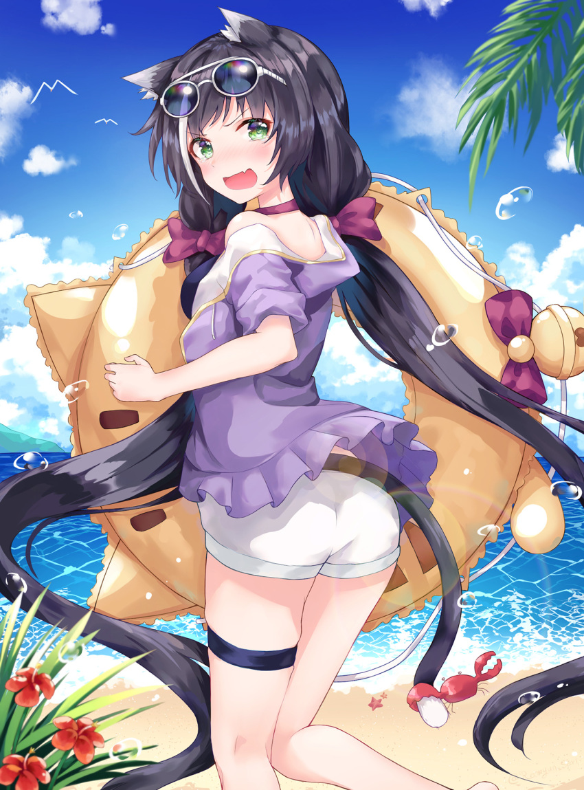 1girl alternate_costume angry animal_ear_fluff animal_ears bangs bare_shoulders beach bikini black_bikini black_hair blush bow breasts cat_ears cat_girl cat_tail commentary crab day eyebrows_visible_through_hair fang feet_out_of_frame from_behind green_eyes highres holding holding_innertube innertube innertube_with_ears jacket karyl_(princess_connect!) long_hair looking_at_viewer low_twintails multicolored_hair open_mouth outdoors princess_connect! princess_connect!_re:dive purple_jacket ramyun_sari red_bow short_shorts shorts skin_fang solo streaked_hair swimsuit tail twintails very_long_hair white_hair white_shorts