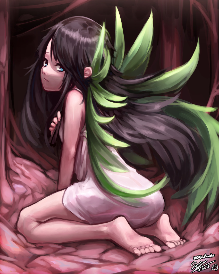 1girl absurdres arm_support ass bangs barefoot between_legs big_hair black_hair blue_eyes breasts closed_mouth commentary dark dated deviantart_username dress english_commentary flesh from_behind green_wings hair_flaps hand_between_legs hand_on_own_chest highres long_hair looking_at_viewer looking_back medibang_paint_(medium) saya saya_no_uta shiny shiny_hair short_dress sidelocks signature sitting sleeveless sleeveless_dress small_breasts solo swept_bangs taut_clothes taut_dress toes very_long_hair victor_nguyen wariza white_dress wings