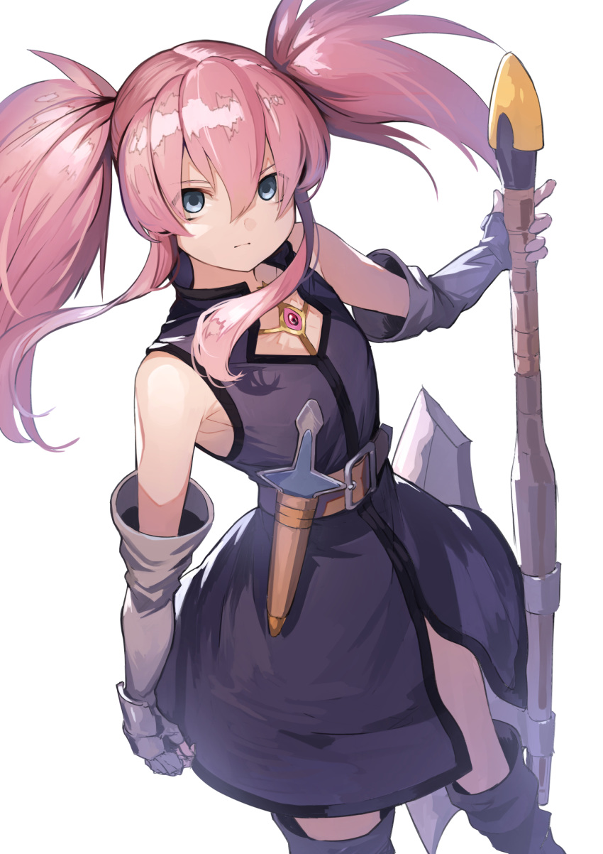 1girl axe belt blue_eyes boots chest_jewel dagger dress elbow_gloves empty_eyes gloves highres koruse pink_hair presea_combatir tales_of_(series) tales_of_symphonia twintails weapon white_background