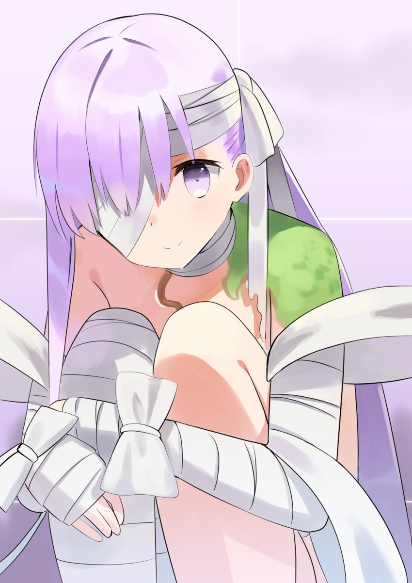 1girl bandage_over_one_eye bandaged_arm bandaged_head bandaged_leg bandages bangs bare_shoulders blush breasts closed_mouth fate/extra fate/extra_ccc fate_(series) highres kingprotea knees_up long_hair looking_at_viewer moss naked_bandage purple_hair sitting small_breasts smile very_long_hair violet_eyes zenshin