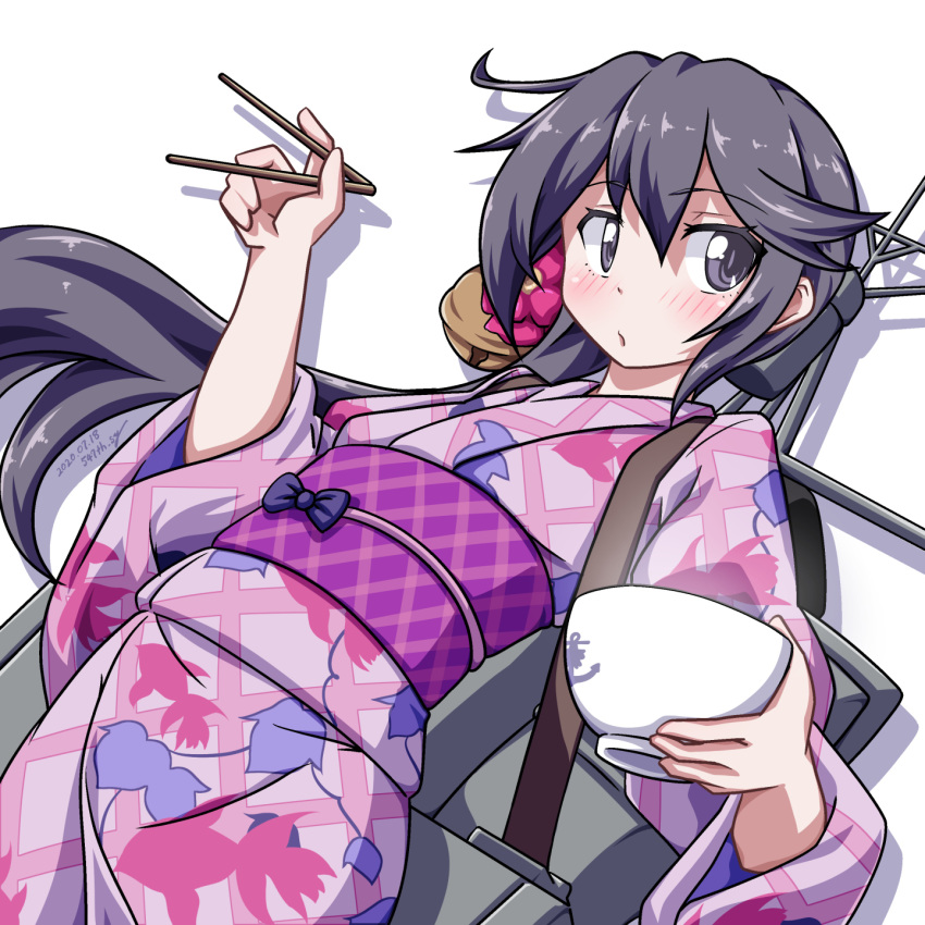 1girl 547th_sy akebono_(kantai_collection) bangs bell blush bowl chopsticks dated eyebrows_visible_through_hair flower hair_bell hair_flower hair_ornament highres holding holding_chopsticks japanese_clothes kantai_collection kimono long_hair obi purple_hair rigging sash signature simple_background solo violet_eyes white_background wide_sleeves yukata