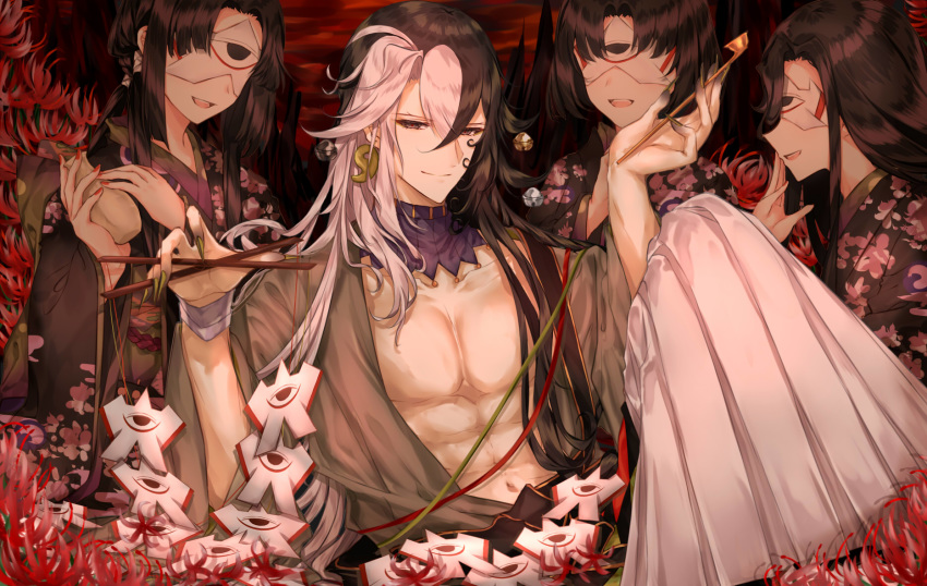 1boy 3girls abs ashiya_douman_(fate/grand_order) asymmetrical_clothes asymmetrical_hair bell bishounen black_eyes black_hair blindfold chest collar commentary_request earrings fate/grand_order fate_(series) fingernails floral_print flower green_eyeshadow green_lipstick green_nails hands_on_own_face harem hetero highres holding japanese_clothes jewelry jingle_bell kimono kiseru lipstick long_hair magatama magatama_earrings makeup marionette multicolored_hair multiple_girls origami paper pipe puppet purionpurion purple_collar red_sky ribbed_sleeves sharp_fingernails sky smirk smug spider_lily string two-tone_hair very_long_hair white_hair wire
