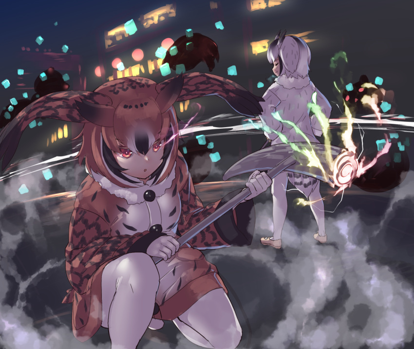 2girls black_hair brown_hair coat eurasian_eagle_owl_(kemono_friends) fur_collar glowing glowing_weapon hands_on_hips head_wings kemono_friends long_sleeves multicolored_hair multiple_girls northern_white-faced_owl_(kemono_friends) pantyhose red_eyes short_hair tadano_magu weapon white_hair white_legwear