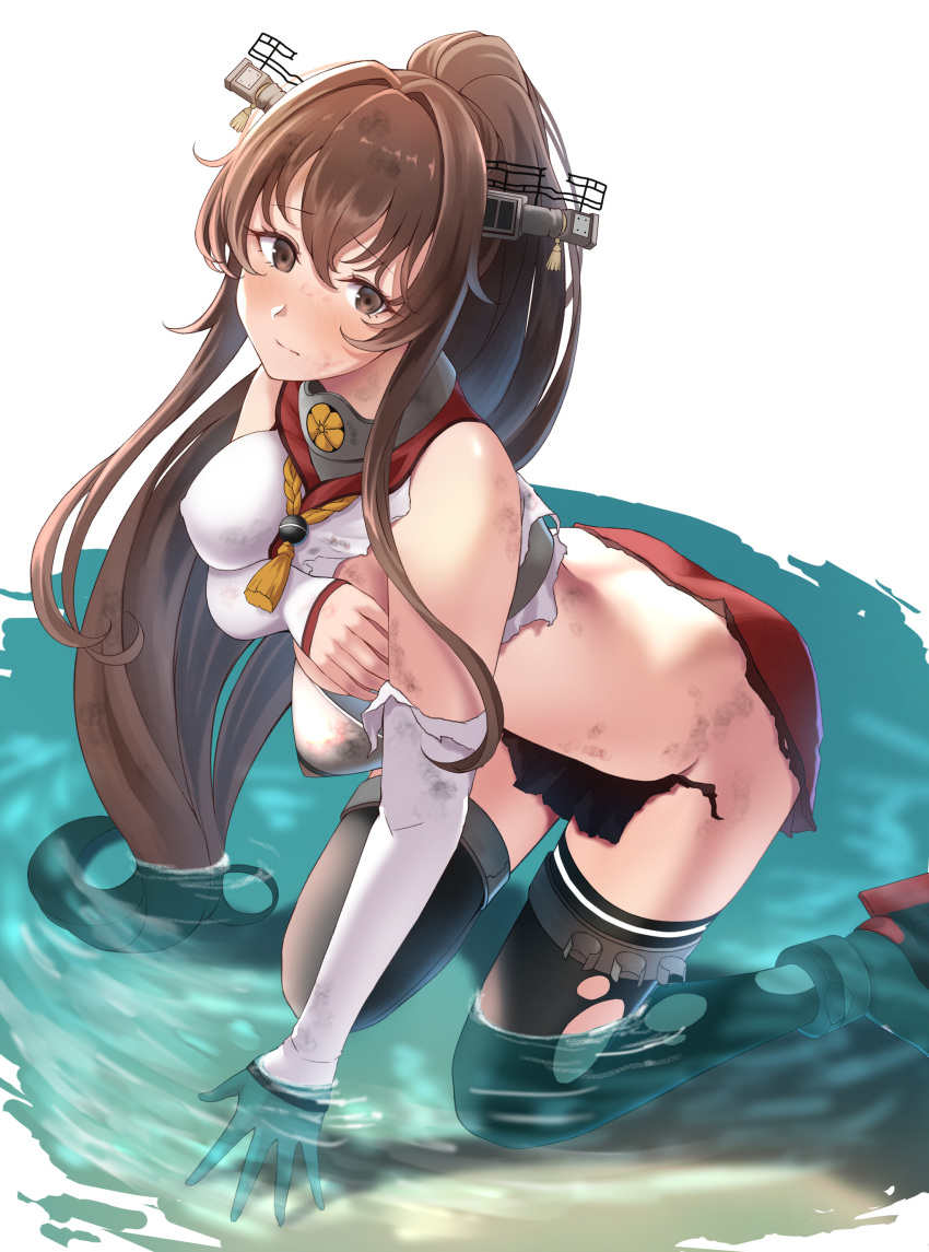 1girl absurdres ass black_legwear blush breasts brown_eyes brown_hair covered_nipples covering covering_one_breast detached_sleeves embarrassed headgear highres kantai_collection long_hair looking_at_viewer medium_breasts nose_blush numaguro_(tomokun0808) partially_submerged ponytail red_skirt sidelocks skirt solo torn_clothes torn_legwear yamato_(kantai_collection)