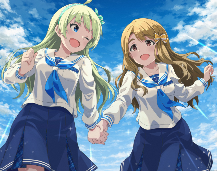 2girls :d ;d bangs blouse blue_eyes blue_neckwear blue_sky bow breast_pocket breasts brown_eyes brown_hair clouds collarbone cowboy_shot day eye_contact eyebrows_visible_through_hair fingernails floating_hair from_below green_bow green_hair green_hairband hair_bow hairband hand_up highres holding_hands idolmaster idolmaster_million_live! idolmaster_million_live!_theater_days kurobako_bb leaning_forward lens_flare long_hair long_sleeves looking_at_another medium_breasts miyao_miya multiple_girls navy_blue_skirt neckerchief one_eye_closed open_mouth orange_bow outdoors plaid plaid_skirt pleated_skirt pocket polka_dot polka_dot_bow polka_dot_hairband sailor_collar school_uniform serafuku shimabara_elena shiny shiny_hair skirt sky smile sparkle standing sunlight thick_eyebrows white_blouse white_sailor_collar