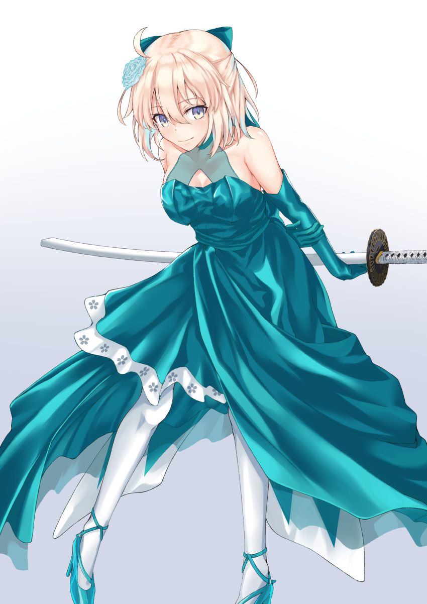 1girl alternate_costume aqua_bow aqua_dress aqua_footwear aqua_gloves blonde_hair bow breasts dress elbow_gloves fate/grand_order fate_(series) gloves grey_eyes hair_bow halter_dress hand_up high_heels highres holding holding_sword holding_weapon katana okita_souji_(fate) okita_souji_(fate)_(all) scabbard sheath sheathed sleeveless sleeveless_dress small_breasts solo sword weapon white_legwear yu_sa1126