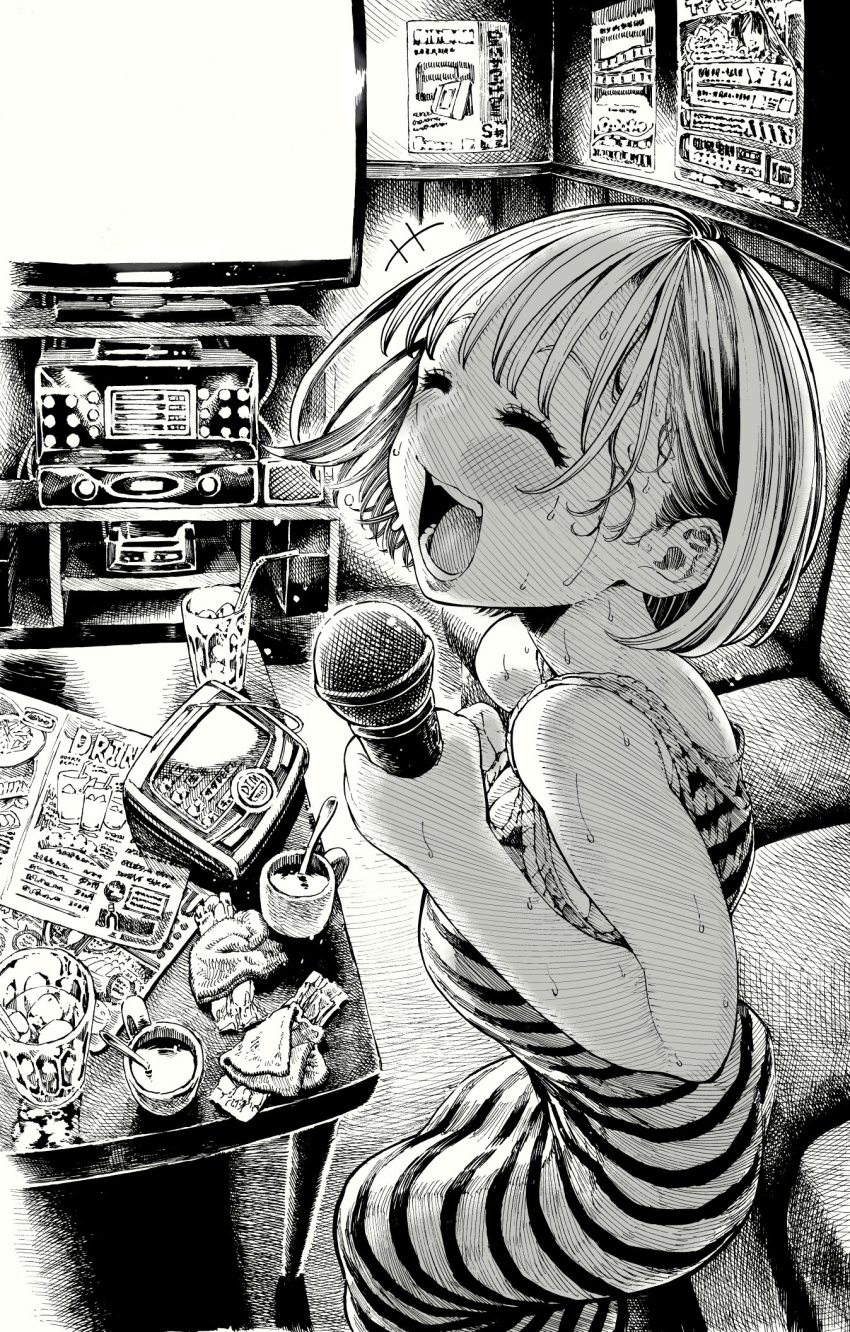 1girl blush couch cup dress drinking_straw feet_out_of_frame greyscale hatching_(texture) highres holding holding_microphone ice imomonono menu microphone monochrome music open_mouth original short_hair singing solo striped striped_dress sweat sweatdrop table