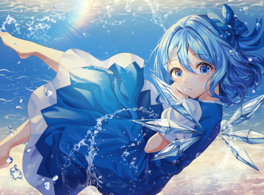 1girl absurdres bangs barefoot blue_dress blue_eyes blue_hair bow cirno commentary_request dress eyebrows_visible_through_hair from_side hair_between_eyes hair_bow highres looking_at_viewer medium_hair parted_lips puffy_short_sleeves puffy_sleeves short_hair short_sleeves smile solo tess_(88884) touhou underwater wings