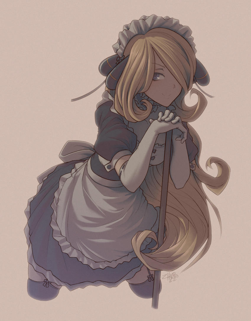 1girl alternate_costume apron backlighting black_legwear blonde_hair breasts commission cropped_legs elbow_gloves enmaided garter_straps gloves hair_ornament hair_over_one_eye hands_together highres juliet_sleeves leaning_forward long_hair long_sleeves maid maid_headdress pokemon pokemon_(game) pokemon_dppt puffy_sleeves shirona_(pokemon) smile solo thigh-highs waist_apron white_gloves zhvo