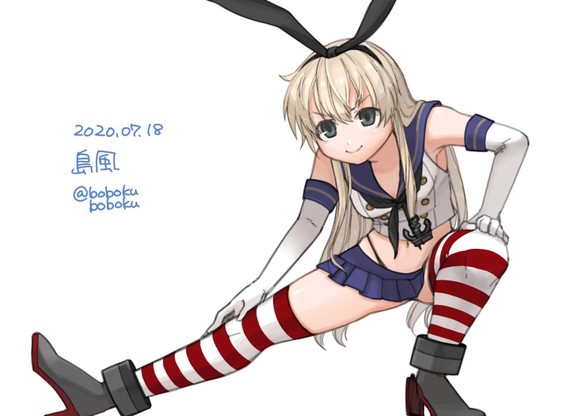 1girl anchor_hair_ornament black_hairband black_neckwear black_panties blonde_hair blue_sailor_collar blue_skirt bobokuboboku character_name crop_top dated elbow_gloves full_body gloves grey_eyes hair_ornament hairband highleg highleg_panties kantai_collection long_hair microskirt miniskirt neckerchief panties sailor_collar shimakaze_(kantai_collection) simple_background skirt solo stretch striped striped_legwear thigh-highs twitter_username underwear white_background white_gloves