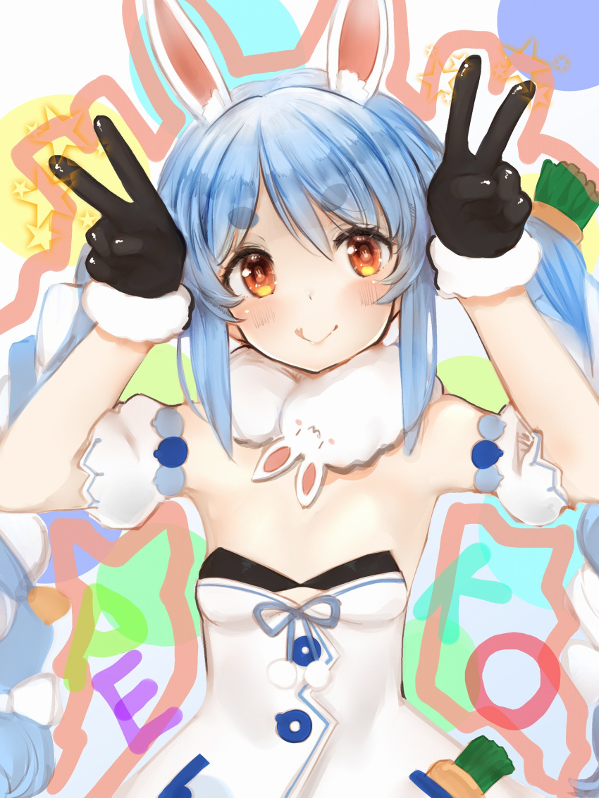 1girl :p animal_ears bad_id bad_twitter_id black_gloves blue_hair blush braid breasts bunny-shaped_pupils closed_mouth detached_sleeves don-chan_(hololive) double_v dress eyebrows_visible_through_hair fur-trimmed_gloves fur_trim gloves hands_up highres hololive long_hair looking_at_viewer nanashi_(nlo74593630) orange_eyes puffy_detached_sleeves puffy_short_sleeves puffy_sleeves rabbit_ears short_eyebrows short_sleeves small_breasts smile solo star_(symbol) strapless strapless_dress thick_eyebrows tongue tongue_out twin_braids twintails upper_body usada_pekora v white_dress