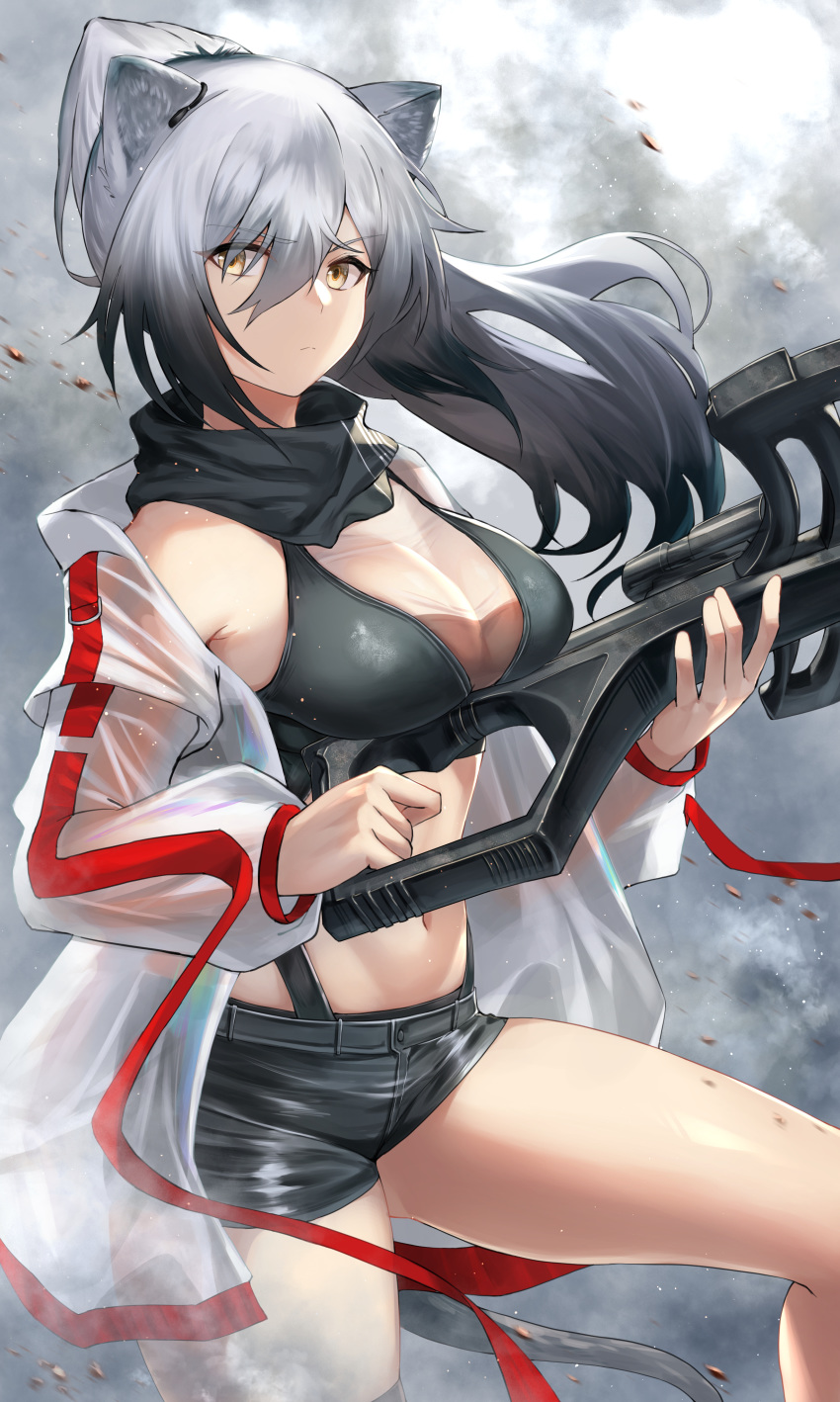 1girl absurdres animal_ears arknights bangs bare_shoulders black_scarf black_shorts bow_(weapon) breasts cat_ears commentary_request cowboy_shot crop_top crossbow eyebrows_visible_through_hair grey_eyes highres holding_bow hotate-chan jacket large_breasts long_hair long_sleeves looking_at_viewer midriff navel off_shoulder open_clothes open_jacket partial_commentary scarf schwarz_(arknights) short_shorts shorts silver_hair solo standing stomach thighs weapon white_jacket