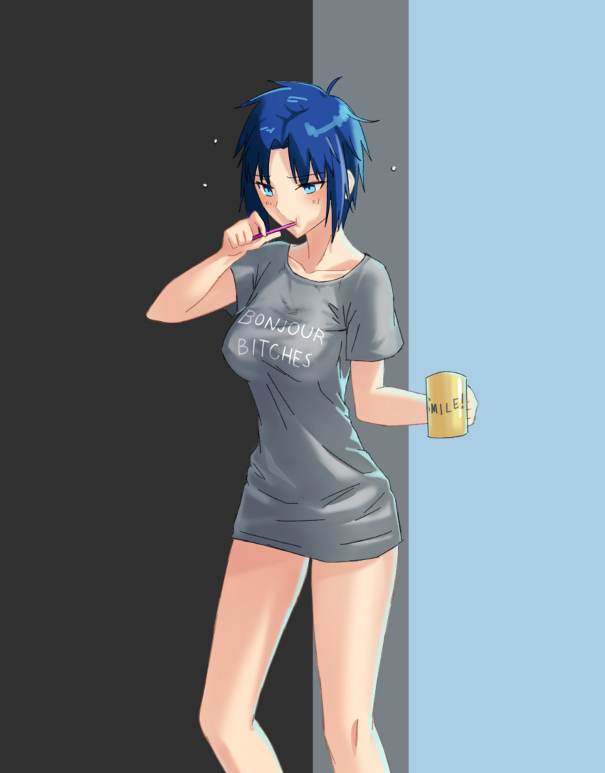 1girl alternate_costume axia-chan blue_background blue_eyes blue_hair breasts ciel collarbone covered_nipples cup english_text eyebrows_visible_through_hair french_text grey_background grey_shirt hair_intakes highres holding holding_cup medium_breasts naked_shirt print_shirt shiny shiny_hair shiny_skin shirt short_hair short_sleeves solo standing toothbrush_in_mouth tsukihime