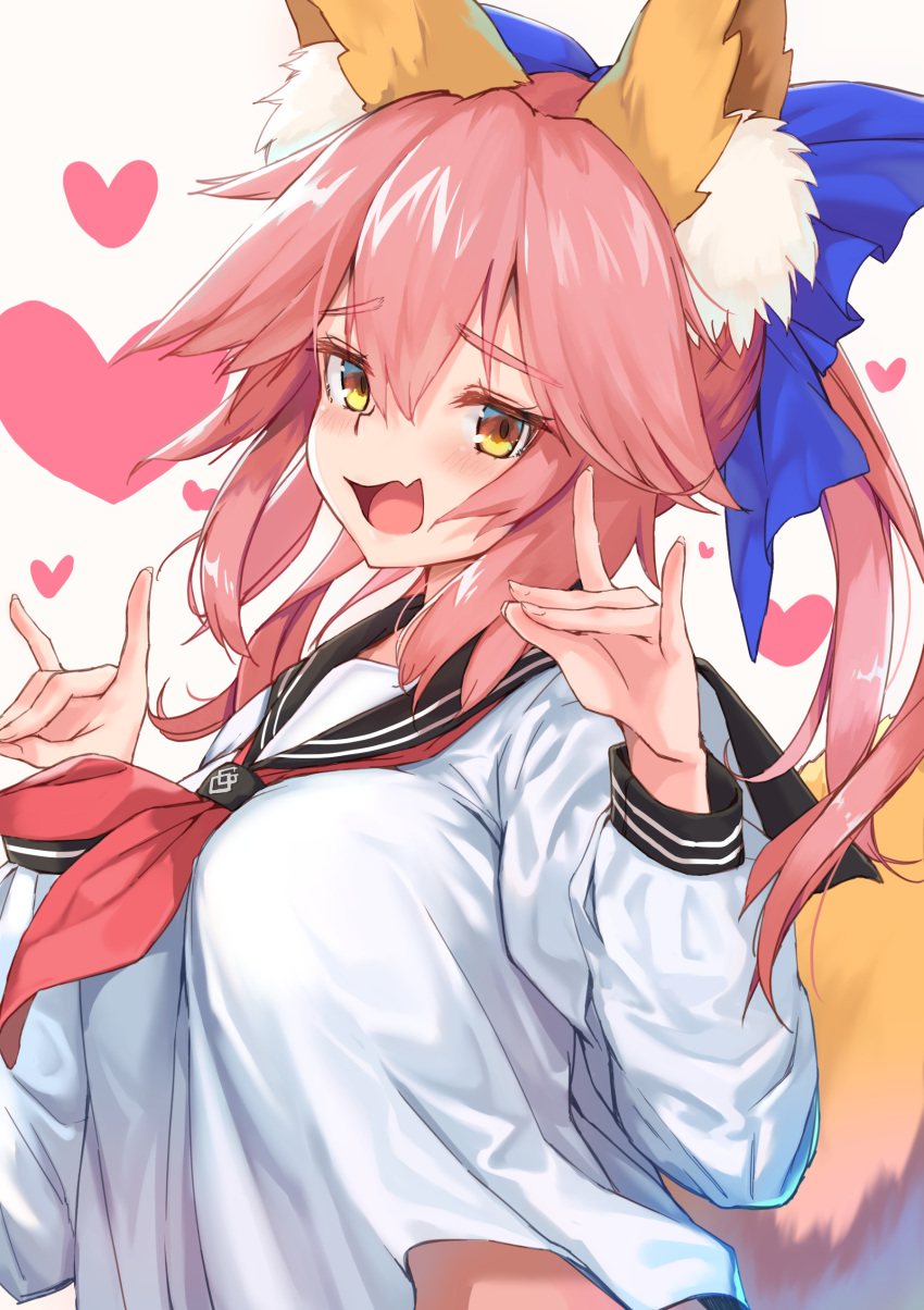 1girl absurdres animal_ear_fluff animal_ears blue_bow bow eyebrows_visible_through_hair fang fate/grand_order fate_(series) fox_ears fox_girl fox_shadow_puppet fox_tail hair_between_eyes hair_bow heart heart_background highres long_sleeves looking_at_viewer maru_(maru1625) open_mouth school_uniform serafuku simple_background skin_fang smile solo tail tamamo_(fate)_(all) tamamo_no_mae_(fate) white_background yellow_eyes