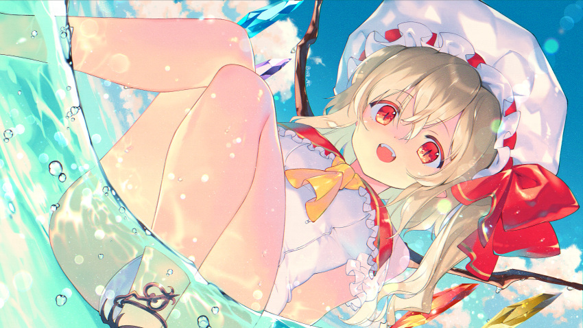 1girl air_bubble ascot bare_legs blonde_hair blue_sky bubble clouds commentary_request day dutch_angle fangs flandre_scarlet hat hat_ribbon highres hiiragi_akio knees_together_feet_apart long_hair looking_at_viewer mob_cap one-piece_swimsuit open_mouth outdoors partially_submerged red_eyes ribbon sitting sky slit_pupils smile solo summer swimsuit touhou water white_headwear white_swimsuit wings yellow_neckwear