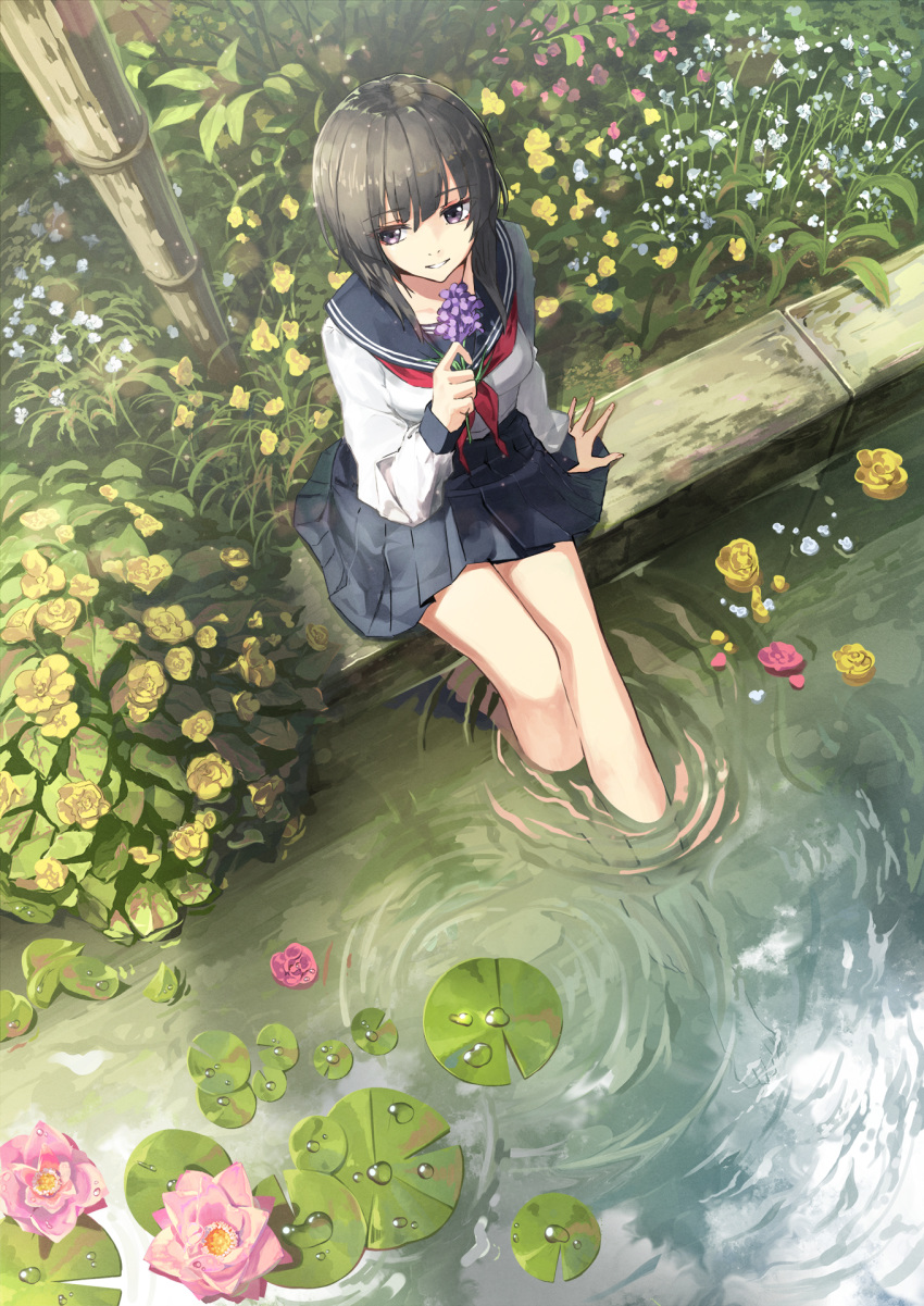 1girl arm_at_side bangs bare_legs barefoot black_hair black_sailor_collar black_skirt breasts collarbone day eyebrows_visible_through_hair flower from_above full_body highres holding holding_flower lily_pad long_sleeves looking_away looking_to_the_side medium_breasts miniskirt neckerchief original outdoors pleated_skirt pond purple_flower red_neckwear sailor_collar school_uniform serafuku shirt short_hair skirt soaking_feet solo vikpie violet_eyes water water_drop white_shirt yellow_flower