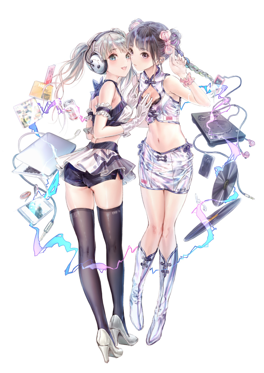 2girls arm_strap black_eyes black_hair black_legwear boots braid breasts can cellphone commentary_request computer crop_top digital_media_player dj double_bun earrings full_body gloves green_eyes grey_hair headphones high_heels highres jewelry kishida_mel knee_boots laptop long_hair looking_at_viewer medium_breasts midriff miniskirt multiple_girls navel original phone phonograph record scrunchie short_shorts shorts skindentation skirt sleeveless small_breasts smartphone thigh-highs turntable twin_braids twintails white_background white_footwear white_gloves wrist_scrunchie