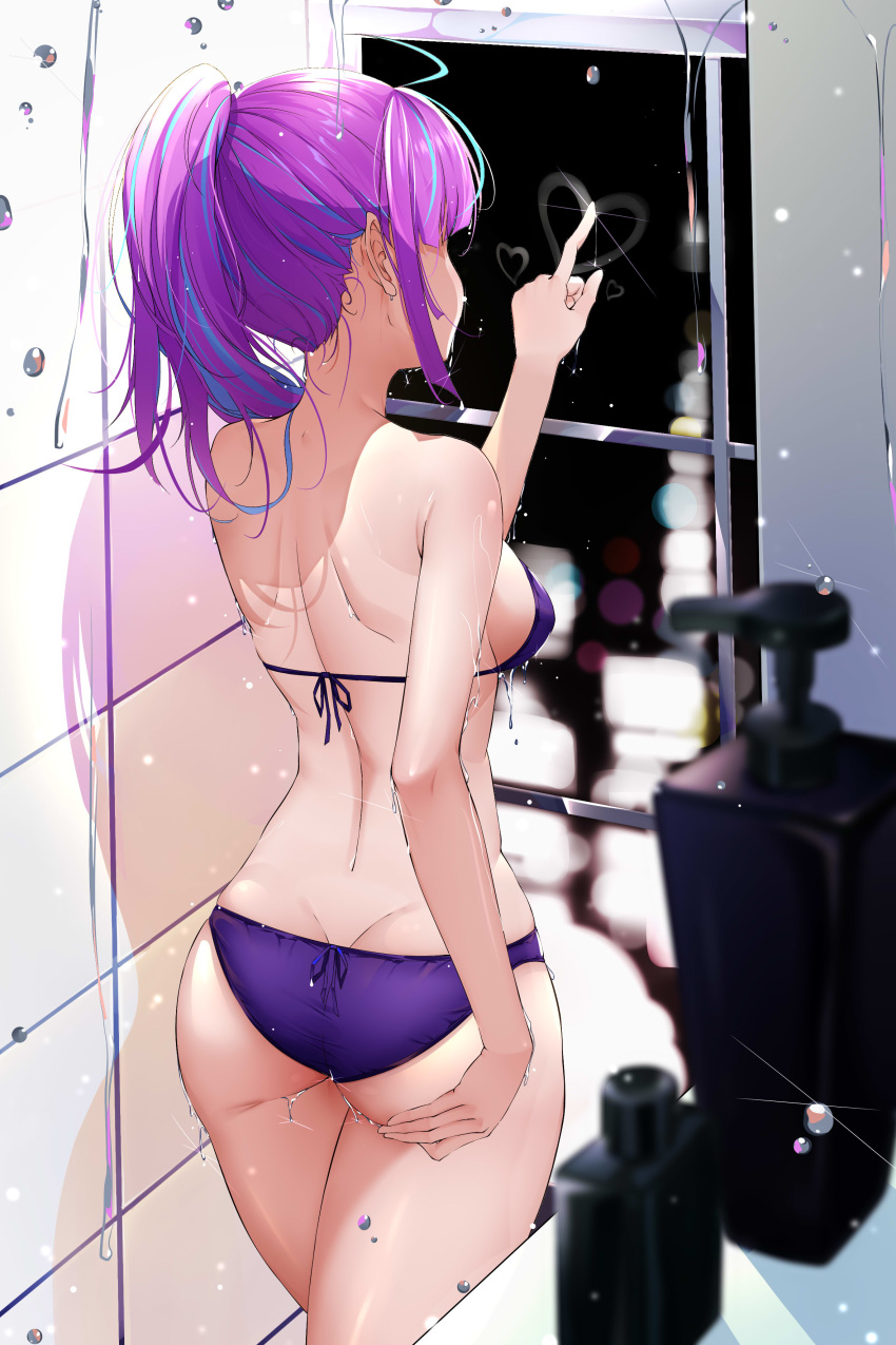 1girl absurdres ahoge ass back bangs bare_arms bare_back bare_shoulders bikini blue_hair blunt_bangs breasts butt_crack city_lights cowboy_shot cqingwei from_behind heart highres hololive indoors long_hair medium_breasts minato_aqua multicolored_hair night ponytail purple_bikini purple_hair sideboob sidelocks solo streaked_hair swimsuit two-tone_hair virtual_youtuber water wet window window_writing