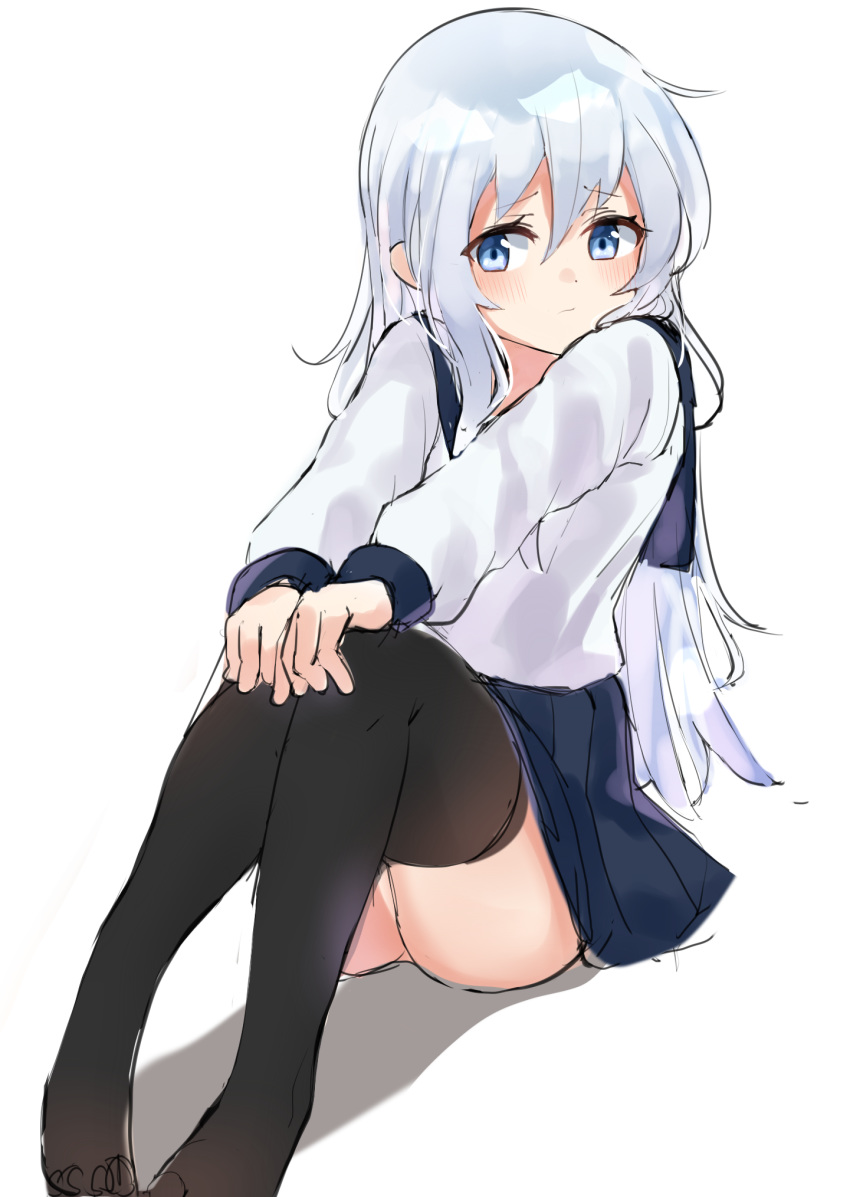 1girl bangs black_legwear blue_eyes blue_sailor_collar blue_skirt blush closed_mouth collared_shirt eyebrows_visible_through_hair hair_between_eyes hands_on_own_knees hibiki_(kantai_collection) highres kantai_collection long_hair long_sleeves miniskirt no_hat no_headwear pleated_skirt sailor_collar sailor_shirt school_uniform serafuku shiny shiny_hair shirt silver_hair simple_background sitting sketch skirt solo straight_hair tachibana_(x_quick) thigh-highs very_long_hair white_background white_shirt zettai_ryouiki