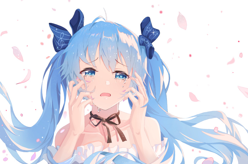 1girl absurdres bare_shoulders blue_eyes blue_hair blue_ribbon collarbone crying crying_with_eyes_open dress falling_petals frilled_dress frills furrowed_eyebrows hair_ribbon half-closed_eyes hands_on_own_face hands_up hatsune_miku highres lemon_(ningmeng) musical_note musical_note_print nail_polish neck_ribbon petals pink_nails ribbon sad star_(symbol) star_print strapless strapless_dress tears treble_clef upper_body vocaloid white_background white_dress