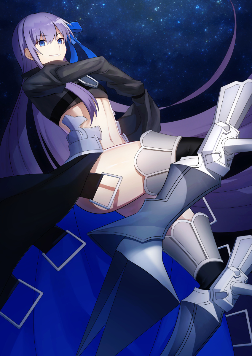 1girl absurdres armored_boots bangs black_legwear blue_eyes blue_ribbon boots breasts commentary_request emoemon eyebrows_visible_through_hair fate/grand_order fate_(series) grin hair_ribbon highres long_hair long_sleeves meltryllis navel puffy_sleeves purple_hair ribbon sleeves_past_fingers sleeves_past_wrists small_breasts smile solo thigh-highs very_long_hair