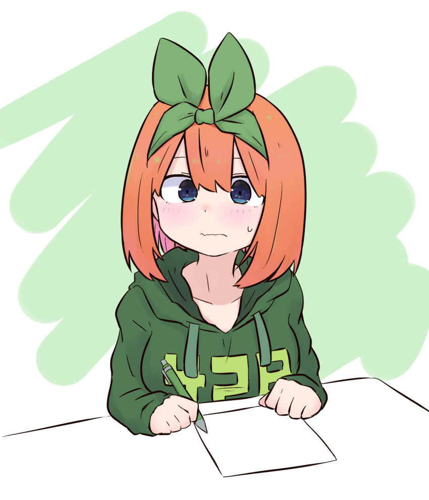 1girl bangs blue_eyes blush closed_mouth drawstring eyebrows_behind_hair go-toubun_no_hanayome green_background green_hoodie green_ribbon hair_between_eyes hair_ribbon highres holding holding_pencil hood hood_down hoodie kujou_karasuma long_sleeves looking_at_viewer mechanical_pencil nakano_yotsuba orange_hair pencil ribbon sleeves_past_wrists solo sweat two-tone_background upper_body wavy_mouth white_background