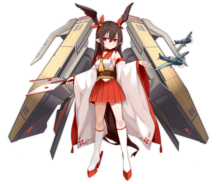 1girl absurdres aircraft aircraft_carrier airplane bangs bare_shoulders bell breasts brown_choker brown_hair choker commentary_request hair_bell hair_between_eyes hair_ornament hair_ribbon head_wings highres holding kneehighs long_hair long_sleeves looking_at_viewer military military_vehicle multicolored_sleeves original pleated_skirt pointy_ears red_eyes red_footwear red_skirt red_sleeves ribbon rocket sailor_collar ship shirt simple_background skirt sleeveless sleeveless_shirt small_breasts solo warship watercraft white_background white_legwear white_shirt white_sleeves wide_sleeves zen_o