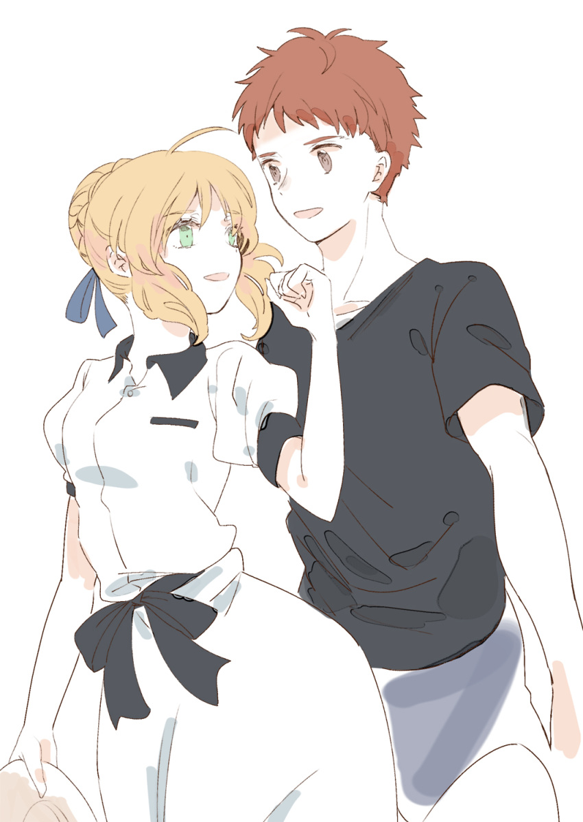 1boy 1girl :d ahoge artoria_pendragon_(all) bangs black_bow black_shirt blonde_hair blue_eyes blue_ribbon bow braid braided_bun brown_eyes brown_hair collarbone collared_shirt couple dress_shirt emiya_shirou eyebrows_visible_through_hair fate/stay_night fate_(series) floating_hair hair_between_eyes hair_ribbon hat hat_removed headwear_removed highres holding holding_hat long_skirt open_mouth ribbon saber shirt short_hair short_sleeves simple_background skirt smile suzuakks white_background white_shirt white_skirt wing_collar