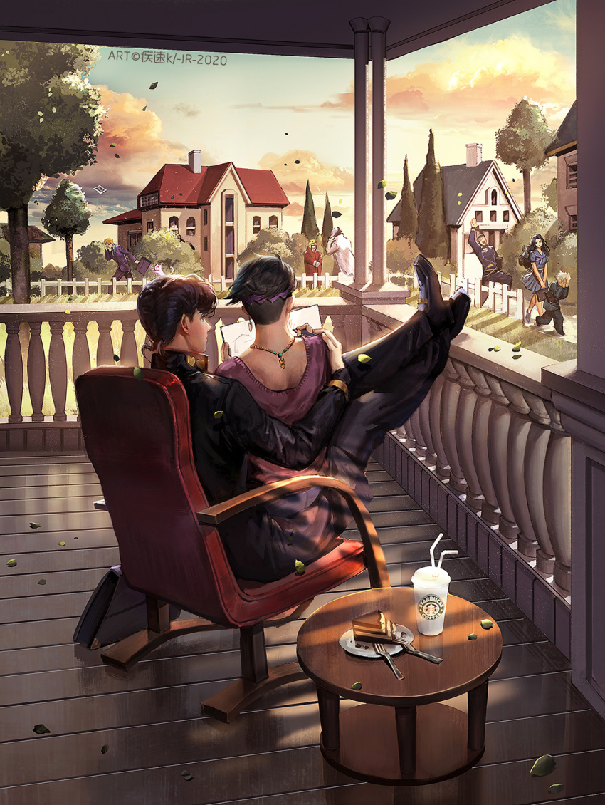 2boys bare_shoulders blue_eyes brooch cdash817 chair couple crossed_legs diamond_wa_kudakenai earrings gakuran green_hair hairband headband heart higashikata_jousuke highres jewelry jojo_no_kimyou_na_bouken kishibe_rohan male_focus multiple_boys on_lap pompadour purple_hair school_uniform sleeveless smile yaoi