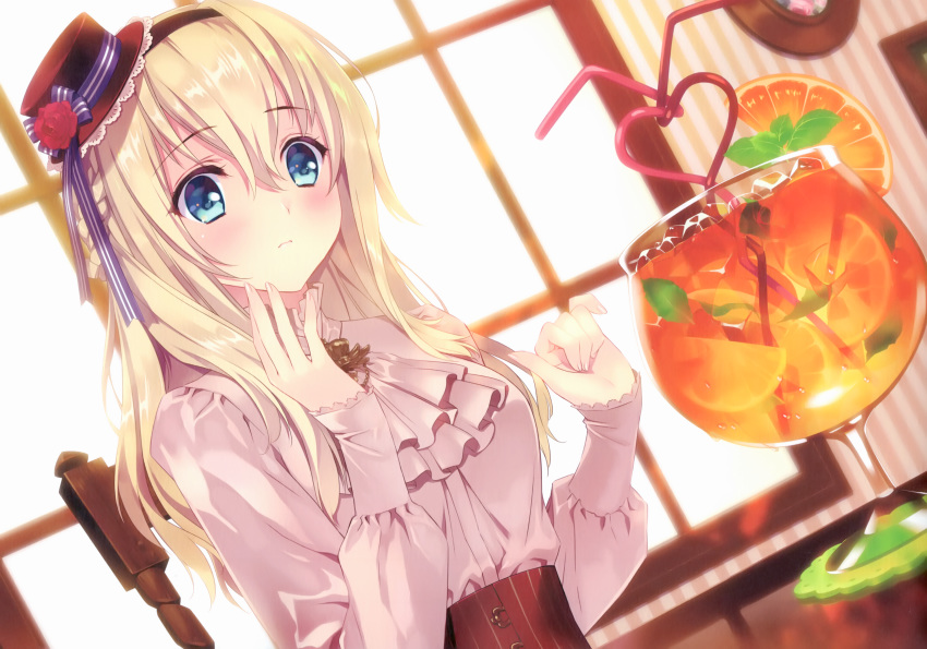 1girl absurdres alternate_costume artist_name ascot blonde_hair blue_hair blush carnelian crazy_straw cup drinking_glass drinking_straw dutch_angle frills hat heart_straw highres kantai_collection long_hair mini_hat scan solo warspite_(kantai_collection)