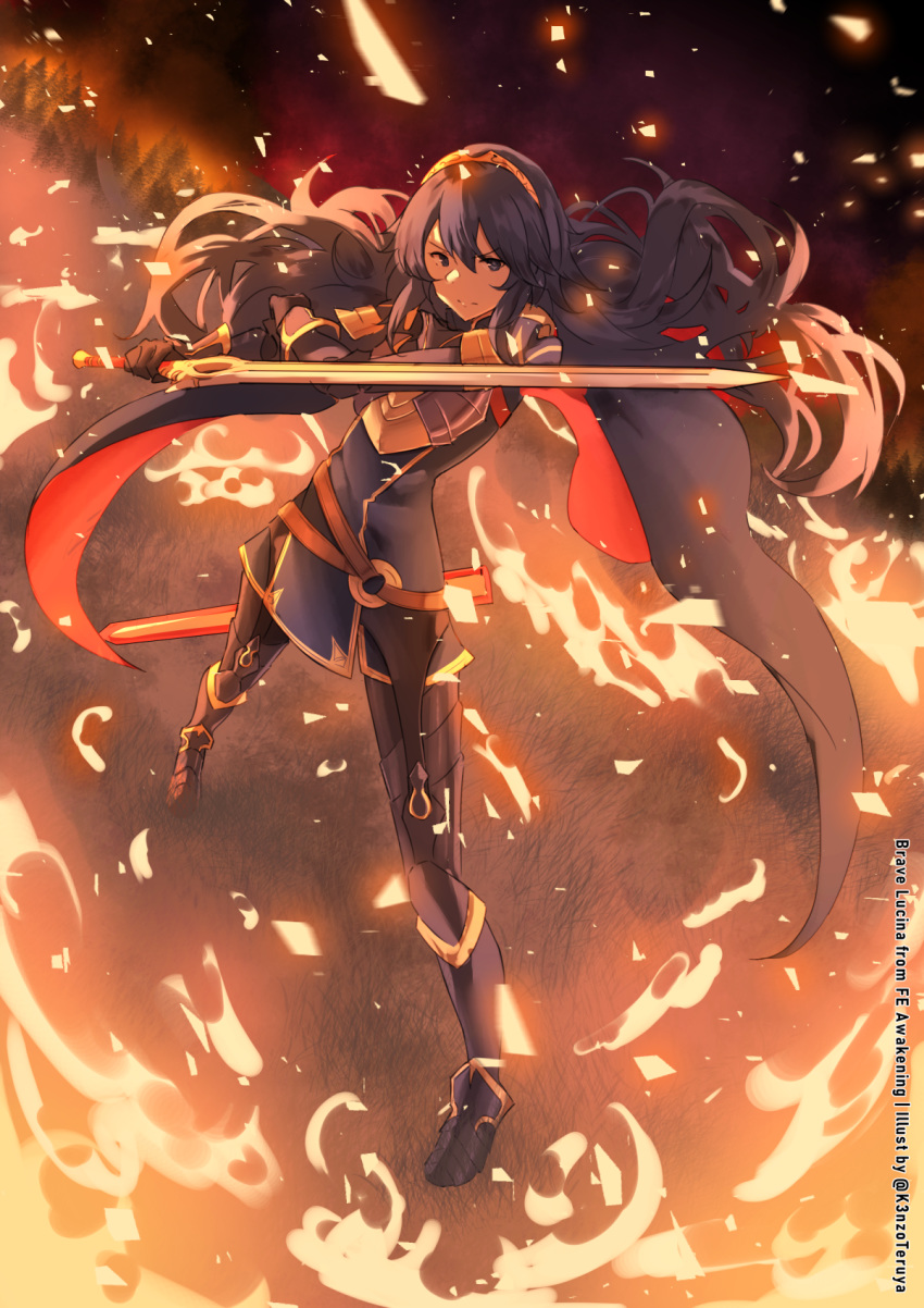 1girl armor blue_cape blue_eyes blue_hair cape dark_sky embers falchion_(fire_emblem) fire fire_emblem fire_emblem_awakening gloves highres holding holding_sword holding_weapon k3nzoteruta looking_at_viewer lucina lucina_(fire_emblem) pose scabbard serious sheath solo standing strap sword symbol-shaped_pupils tree weapon