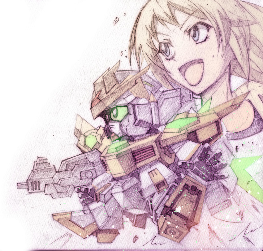 1girl blue_eyes brown_hair chibi floating_hair green_eyes gun gundam gundam_build_fighters gundam_build_fighters_try highres holding holding_gun holding_weapon hoshino_fumina looking_up mecha open_hand star_winning_gundam tatsurounakanishi tied_hair traditional_media weapon