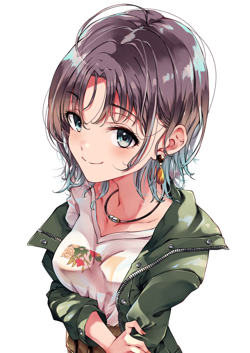 1girl absurdres ahoge artist_request asakura_tooru blue_eyes blue_hair brown_hair collarbone commentary_request earrings gradient_hair green_jacket highres idolmaster idolmaster_shiny_colors jacket jewelry long_sleeves looking_at_viewer multicolored_hair necklace print_shirt shirt short_hair smile solo v-neck white_background white_shirt