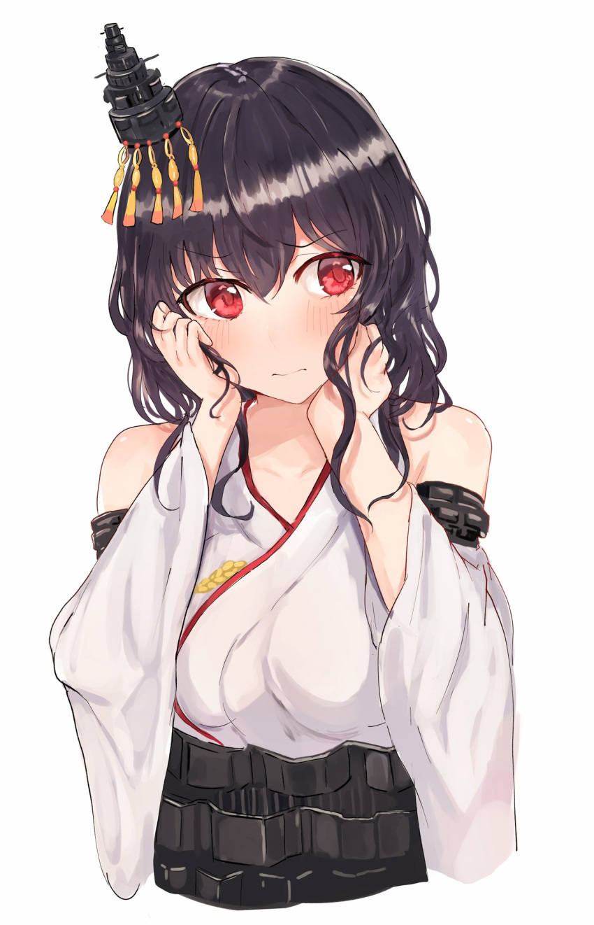 1girl black_hair commentary_request detached_sleeves hair_ornament headgear highres japanese_clothes kantai_collection looking_to_the_side miyako_(00727aomiyako) red_eyes short_hair simple_background solo upper_body wavy_hair white_background wide_sleeves yamashiro_(kantai_collection)